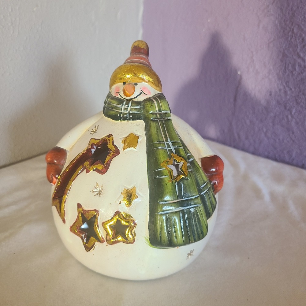 Delton Snowman Tea Light Holder Luminary Hand Painted Ceramic White 5.5" H Round